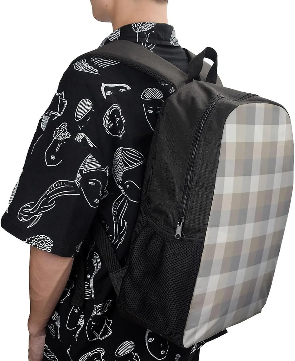 Tan Gray Ivory Neutral Rustic Plaid Backpack Lightweight Waterproof Backpacks Laptop Backpack for Unisex Casual Travel Daypacks Large Capacity