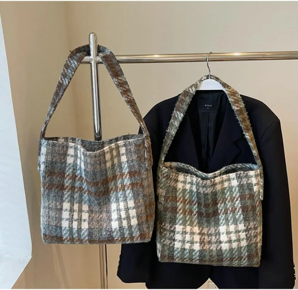 Tartan Plaid Purse Tote Bag for Women Slouchy Hobo Shoulder Bags Crossbody Purse Top-handle Tote Handbag
