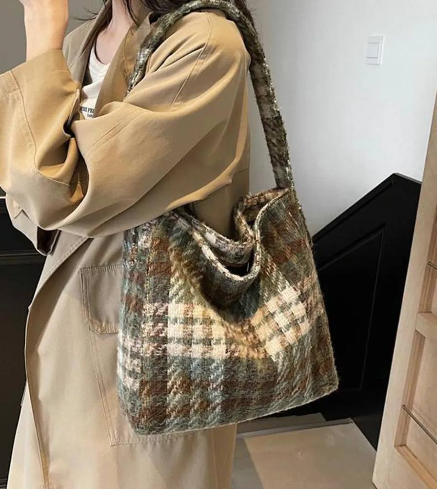 Tartan Plaid Purse Tote Bag for Women Slouchy Hobo Shoulder Bags Crossbody Purse Top-handle Tote Handbag