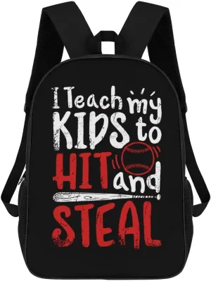 Teach Kids to Hit And Steal Baseball Fashion Backpack 17 Inches Daypack Unisex Laptop Bag for Travel Business Work