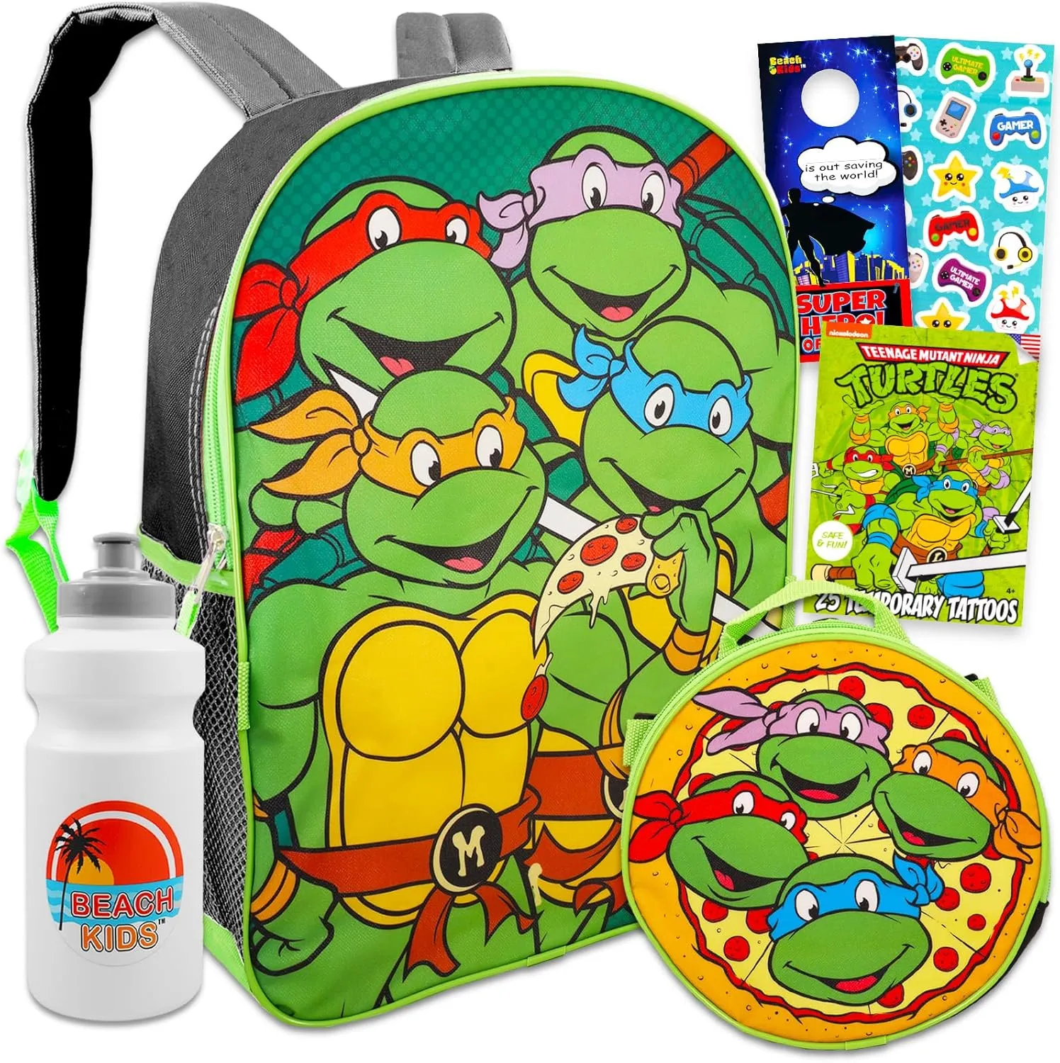 Teenage Mutant Ninja Turtles Backpack with Lunch Box Set - Bundle with 15” TMNT Backpack, Lunch Bag, Water Bottle, Stickers, More | TMNT Backpack for Boys