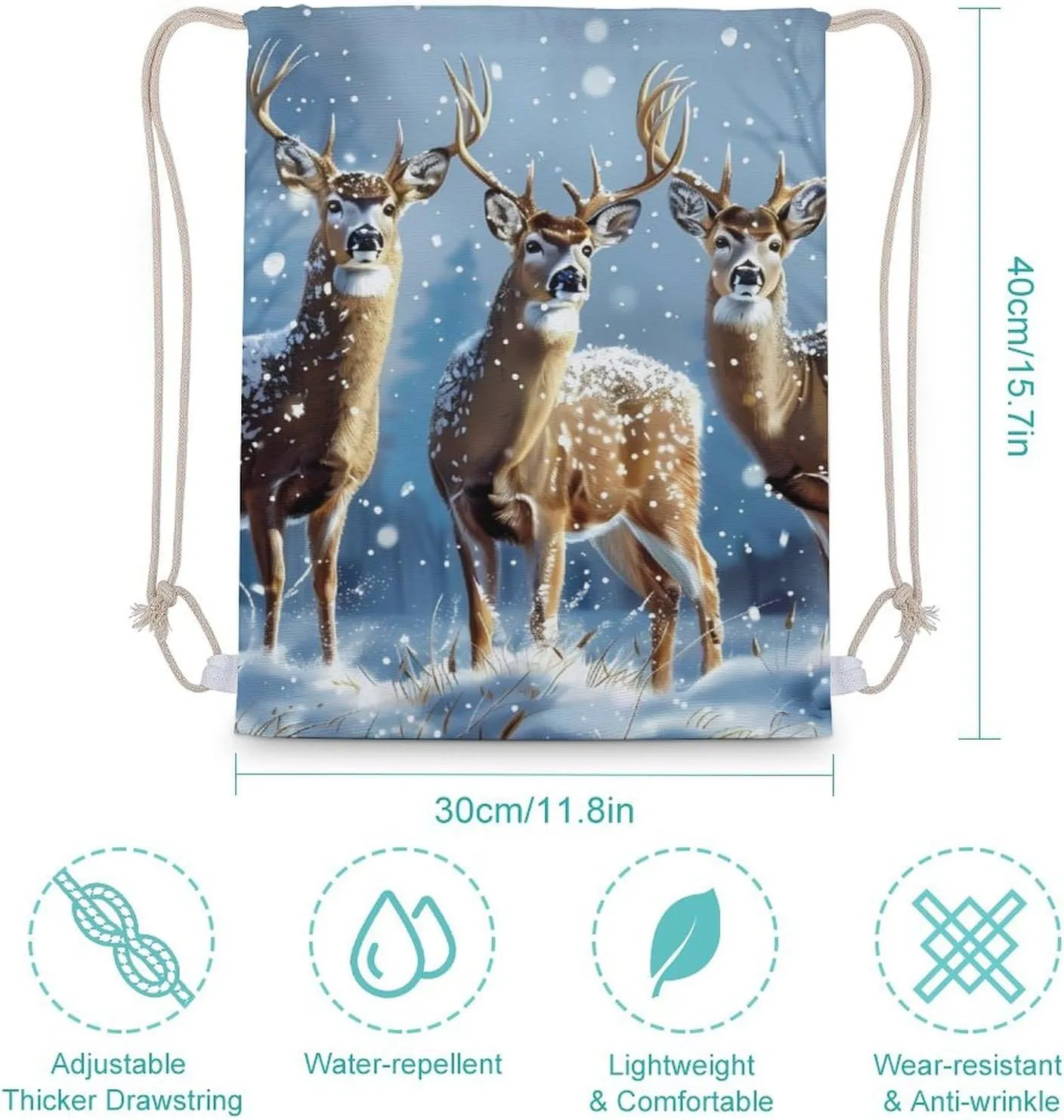 Three Deers Winter Day Drawstring Backpack Travel String Shoulder Bag Canvas Sport Sackpack for Gym Shopping Yoga