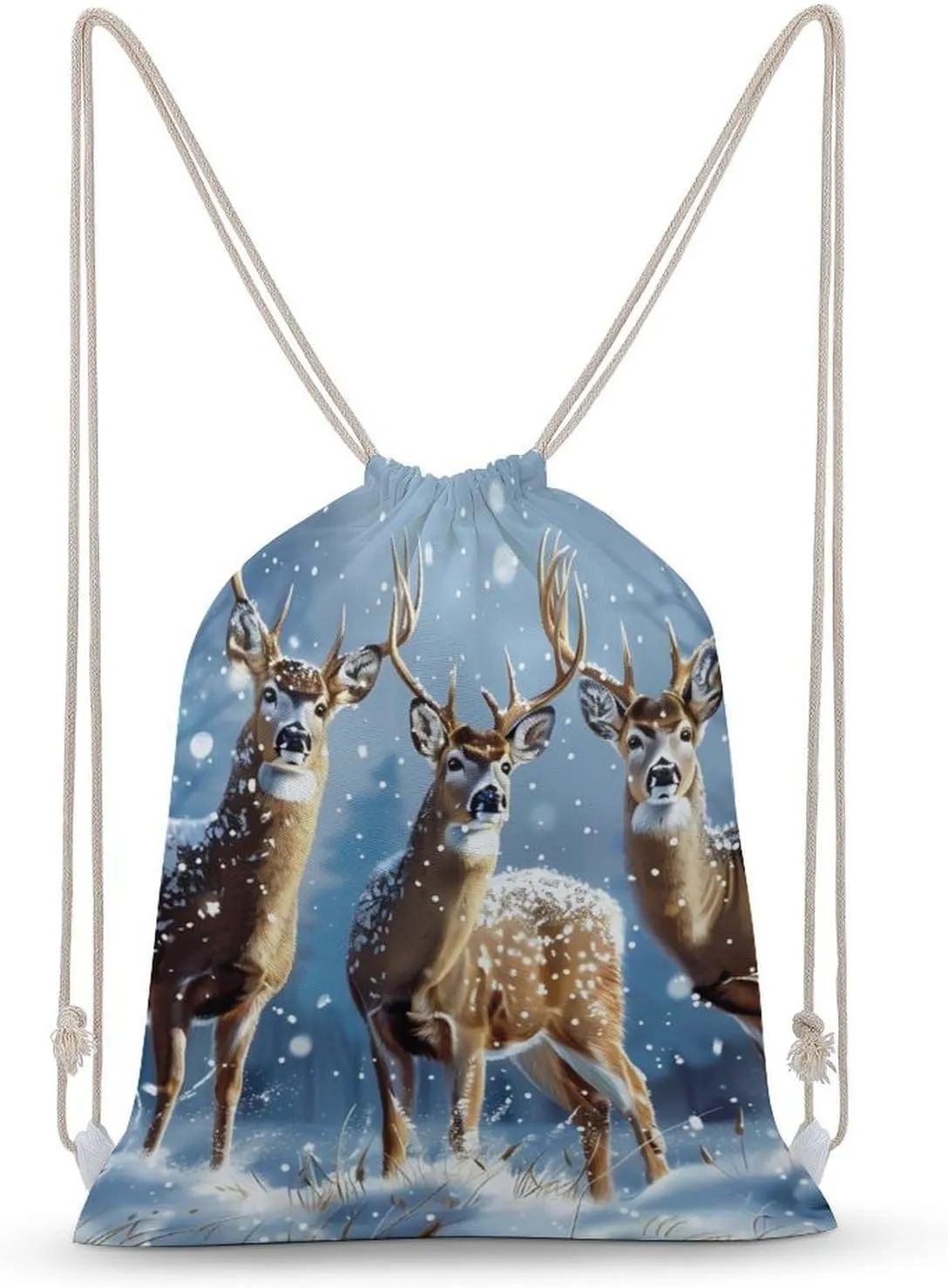 Three Deers Winter Day Drawstring Backpack Travel String Shoulder Bag Canvas Sport Sackpack for Gym Shopping Yoga
