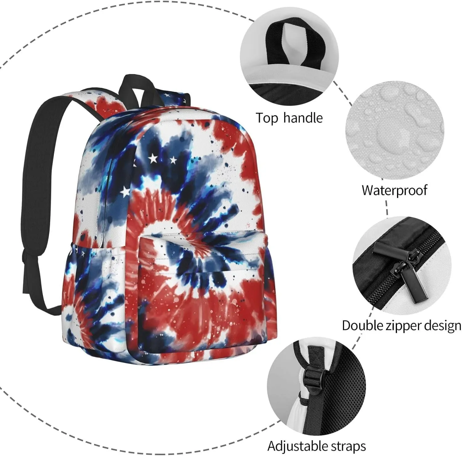 Tie Dye American Flag 4th of July Backpacks 15 Inch Laptop Backpack Multipurpose Double Shoulder Bag for Men Women Gifts