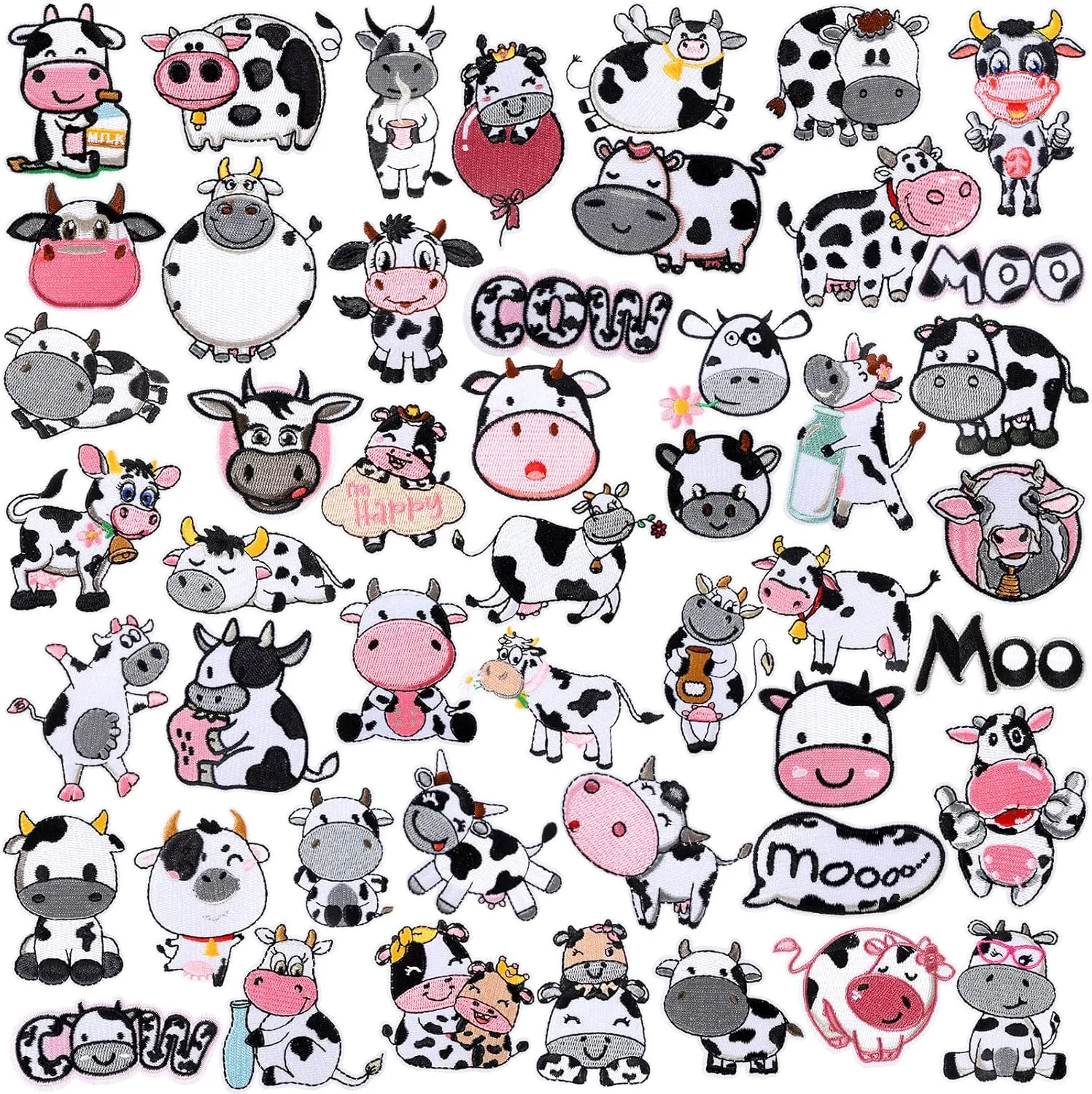 Tigeen 48 Pcs Cow Chenille Iron on Patches Bulk Embroidered Patches for Hats Clothes Cute Repair Kit Sew on Applique DIY Accessory for Backpack Pants Jeans