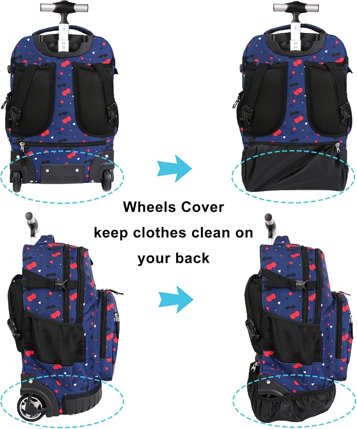 Tilami Rolling Backpack, 18 inch Shoulder Drop, Concealed Pockets and Wheel Cover, Laptop Backpack for Boys and Girls, Cherry Blue