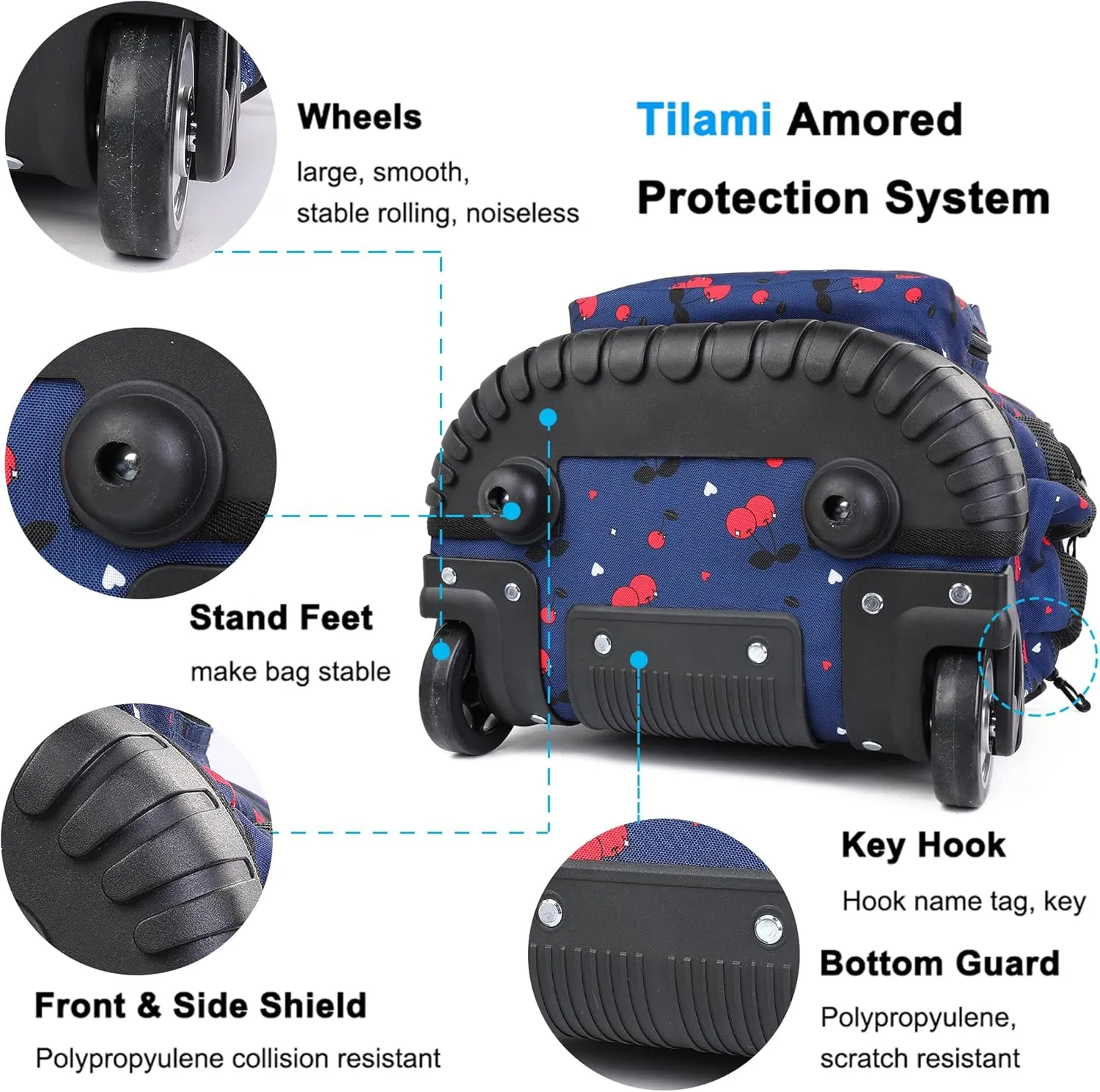 Tilami Rolling Backpack, 18 inch Shoulder Drop, Concealed Pockets and Wheel Cover, Laptop Backpack for Boys and Girls, Cherry Blue