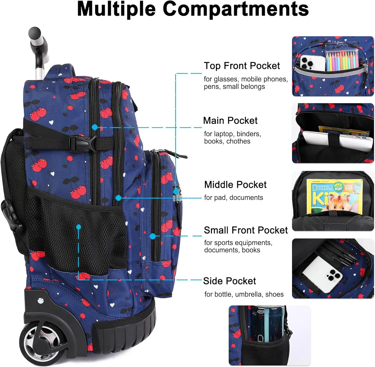 Tilami Rolling Backpack, 18 inch Shoulder Drop, Concealed Pockets and Wheel Cover, Laptop Backpack for Boys and Girls, Cherry Blue