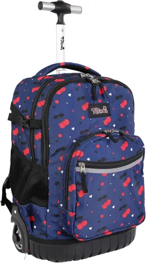 Tilami Rolling Backpack, 18 inch Shoulder Drop, Concealed Pockets and Wheel Cover, Laptop Backpack for Boys and Girls, Cherry Blue