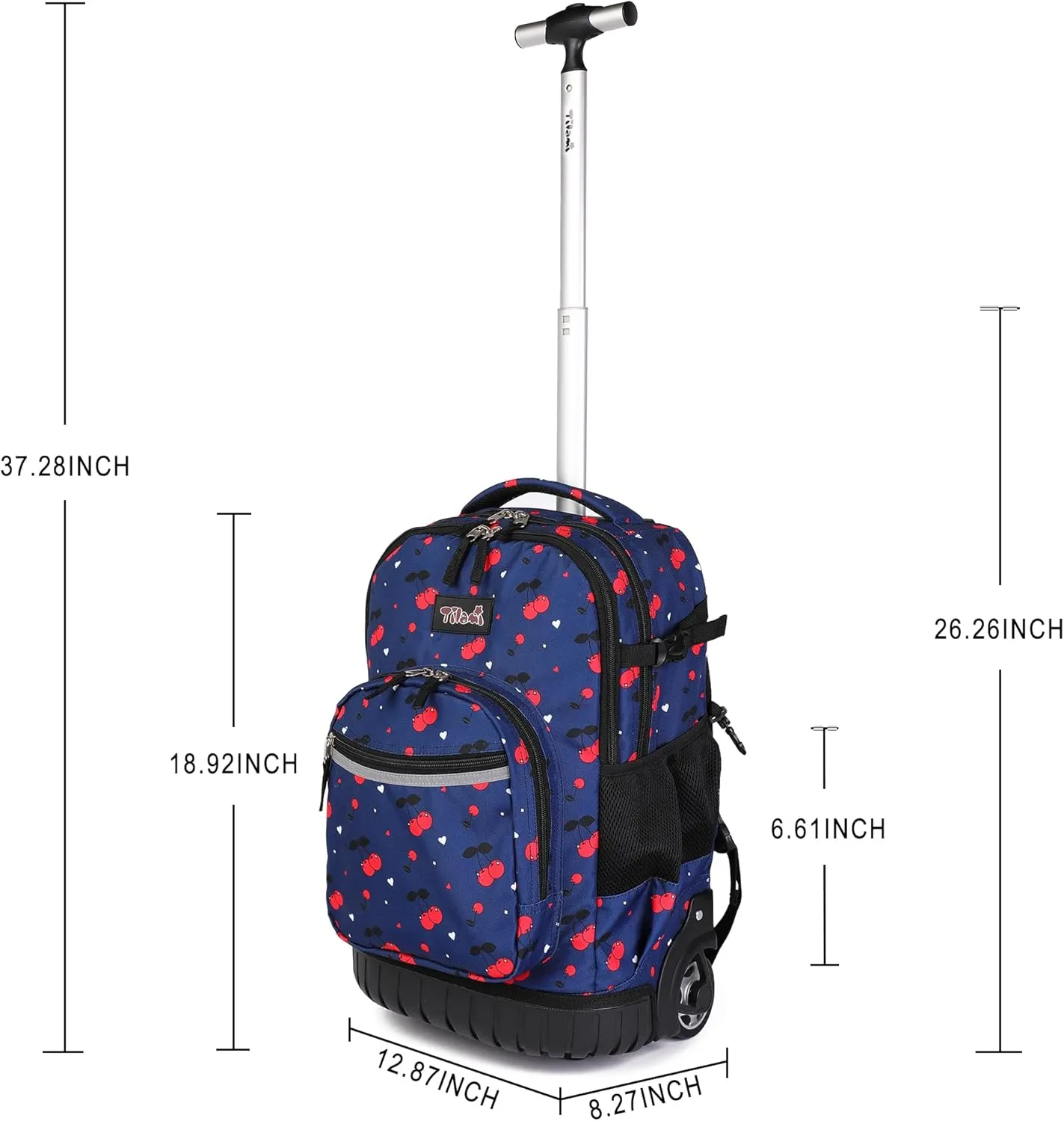 Tilami Rolling Backpack, 18 inch Shoulder Drop, Concealed Pockets and Wheel Cover, Laptop Backpack for Boys and Girls, Cherry Blue