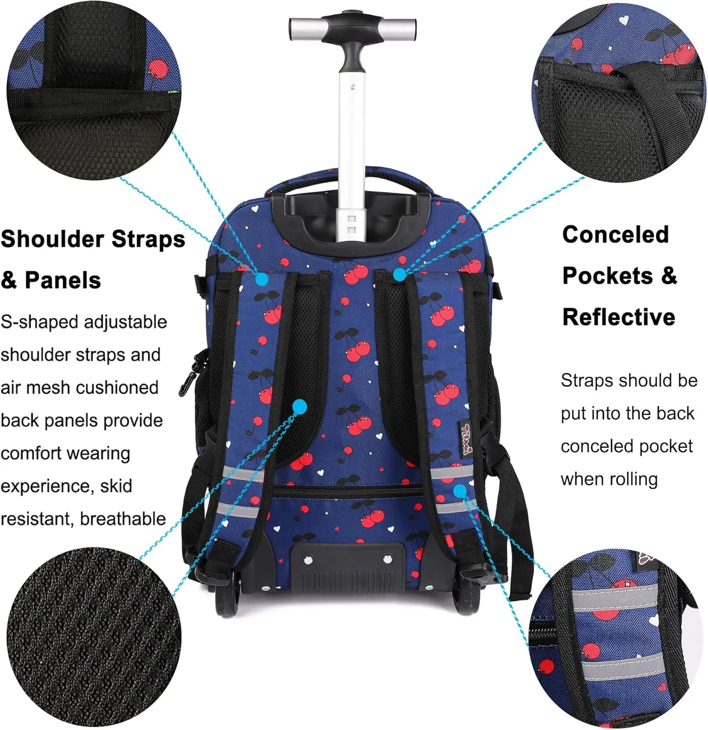 Tilami Rolling Backpack, 18 inch Shoulder Drop, Concealed Pockets and Wheel Cover, Laptop Backpack for Boys and Girls, Cherry Blue