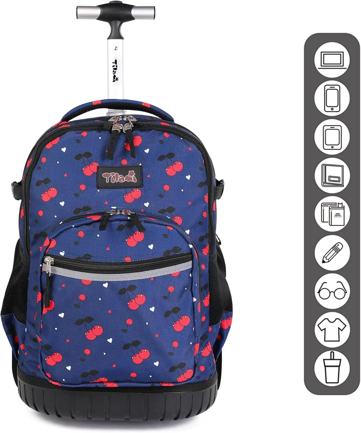 Tilami Rolling Backpack, 18 inch Shoulder Drop, Concealed Pockets and Wheel Cover, Laptop Backpack for Boys and Girls, Cherry Blue