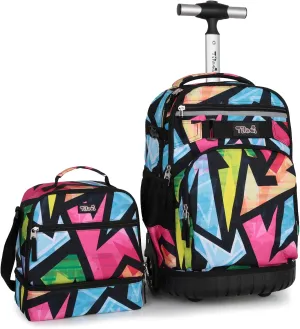 Tilami Rolling Backpack & Lunch bag for Kids 19 Inch Wheeled Bookbag for Boys & Girls for School & Travel,Colorful blue
