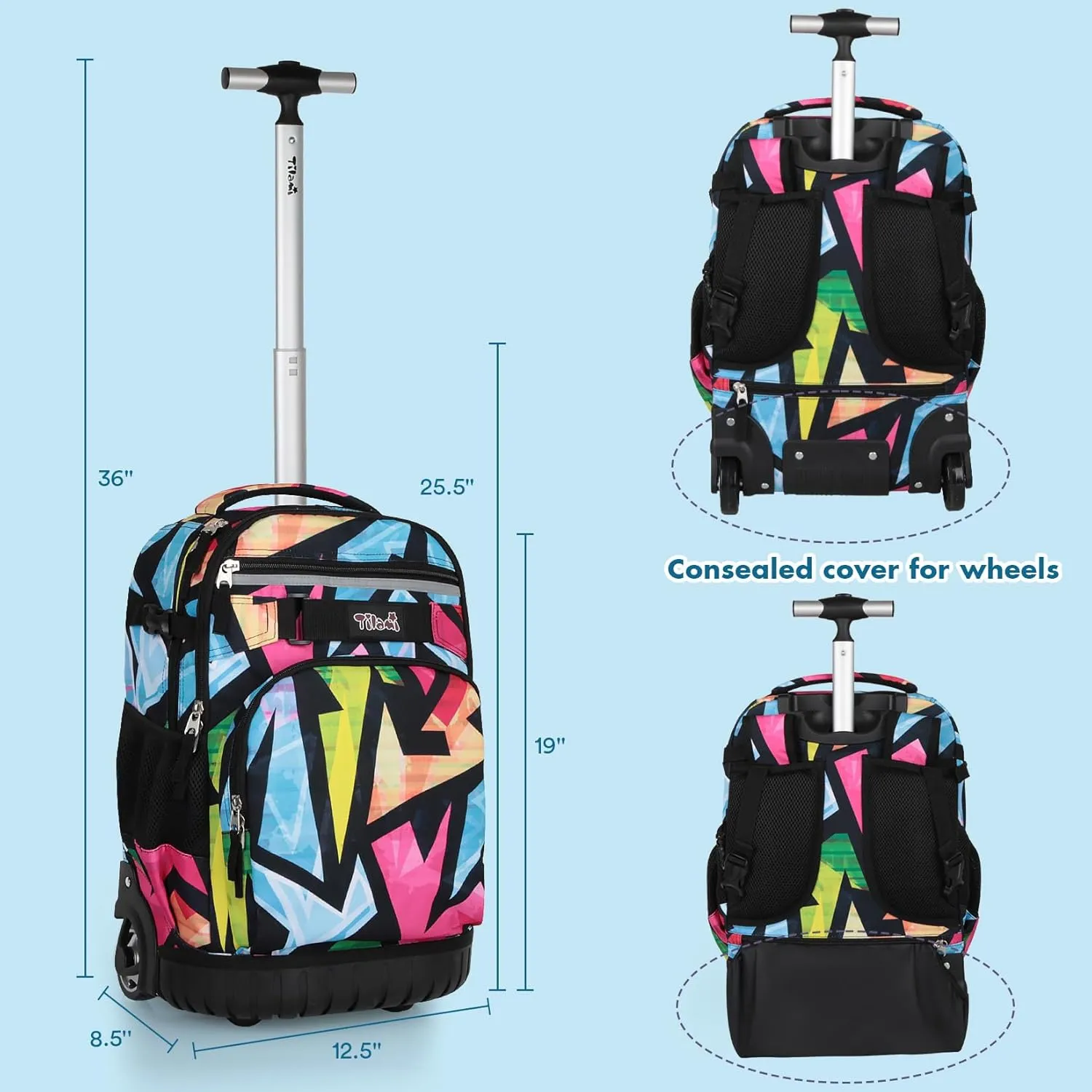 Tilami Rolling Backpack & Lunch bag for Kids 19 Inch Wheeled Bookbag for Boys & Girls for School & Travel,Colorful blue