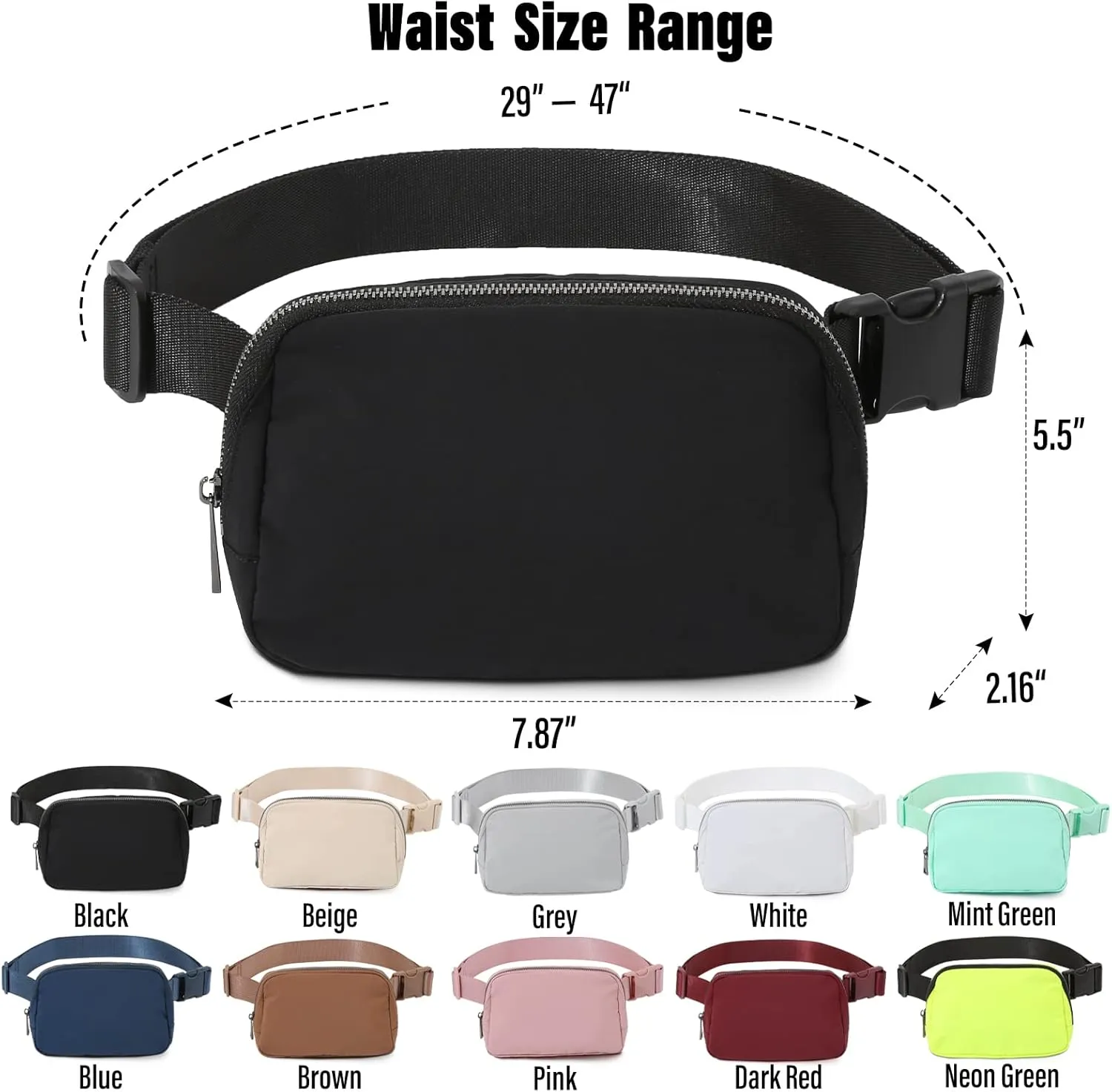 TOBVZOO Unisex Mini Fashion Waist Packs, Water Resistant, Adjustable Strap, 1 Main Compartment, 3 Mesh Slots, 1 Back Zipper Pocket, Black