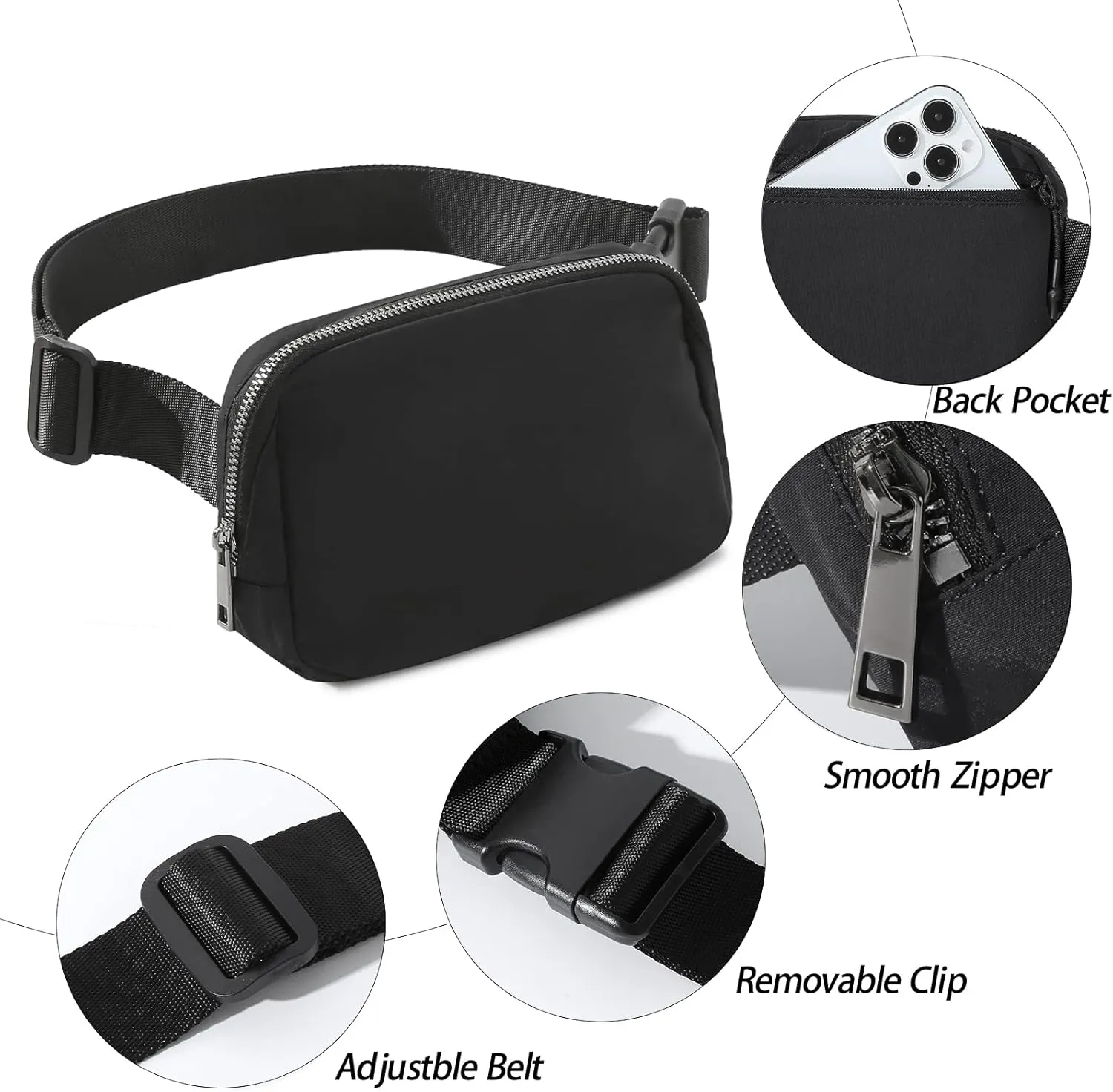 TOBVZOO Unisex Mini Fashion Waist Packs, Water Resistant, Adjustable Strap, 1 Main Compartment, 3 Mesh Slots, 1 Back Zipper Pocket, Black