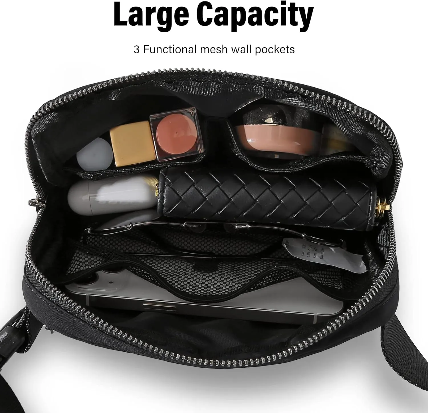 TOBVZOO Unisex Mini Fashion Waist Packs, Water Resistant, Adjustable Strap, 1 Main Compartment, 3 Mesh Slots, 1 Back Zipper Pocket, Black