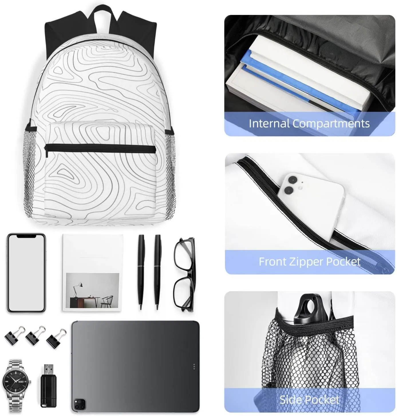 Topographic Contour Map Backpack, Travel Laptop Backpack Computer Bag Rucksack for Men Women Business Work Fits 15.6 Inch Notebook