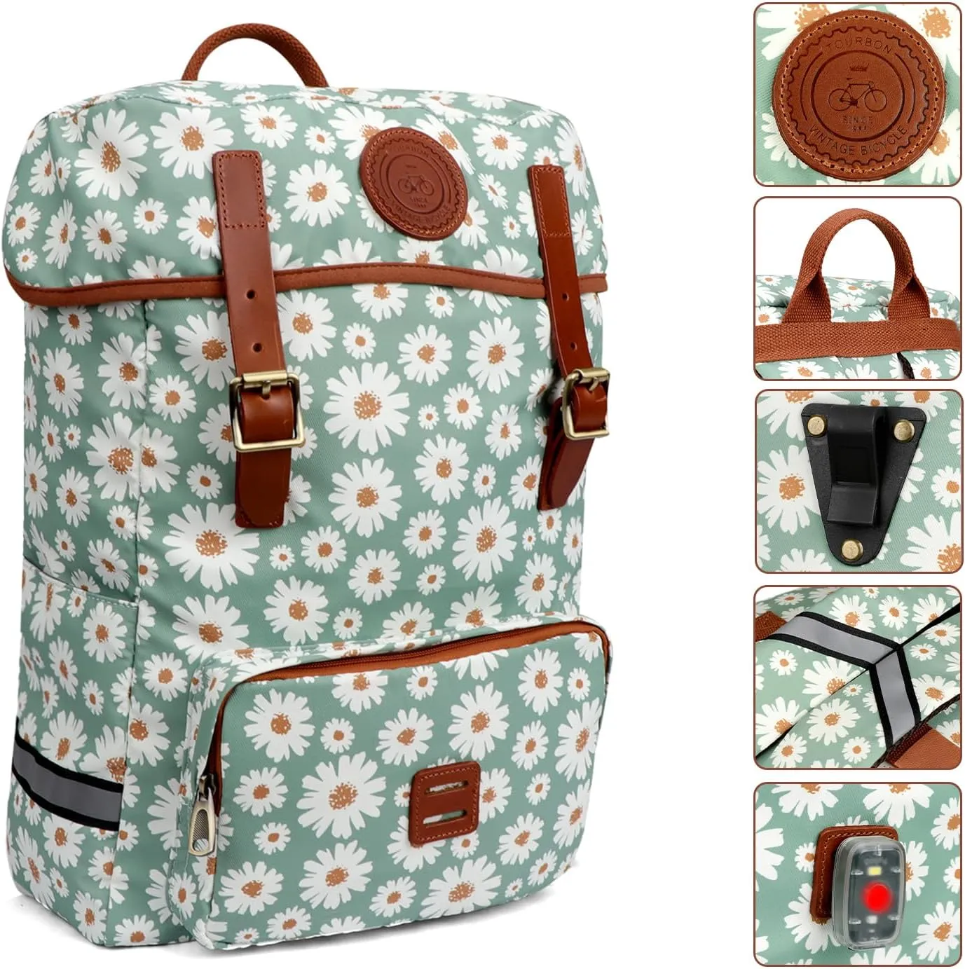 TOURBON Canvas Leather Backpack Pannier for Bicycle Rear Rack, 15.6-16 inch Laptop Bag Bike Back Seat Saddlebag for Men Women (Light Green with Flower)