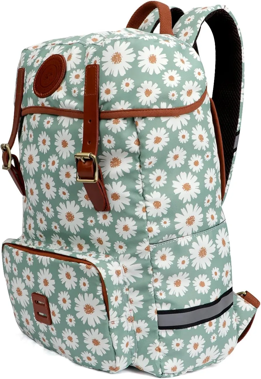 TOURBON Canvas Leather Backpack Pannier for Bicycle Rear Rack, 15.6-16 inch Laptop Bag Bike Back Seat Saddlebag for Men Women (Light Green with Flower)