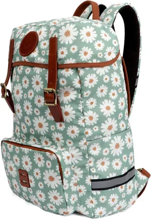 TOURBON Canvas Leather Backpack Pannier for Bicycle Rear Rack, 15.6-16 inch Laptop Bag Bike Back Seat Saddlebag for Men Women (Light Green with Flower)