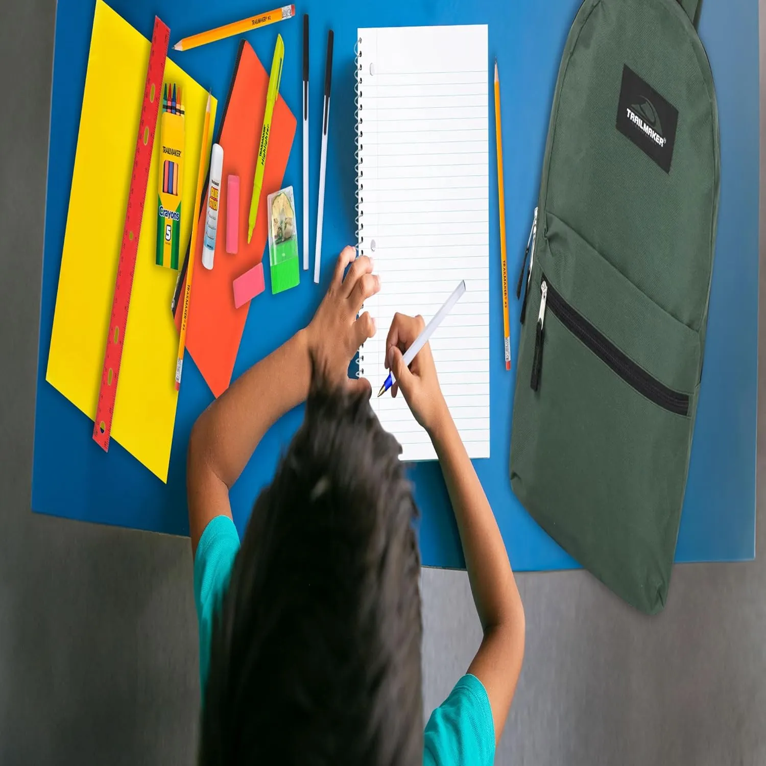 Trail maker Backpack with School Supplies for Kids - 20 Piece Back to School Supplies with 17" Backpack (Green Pack)
