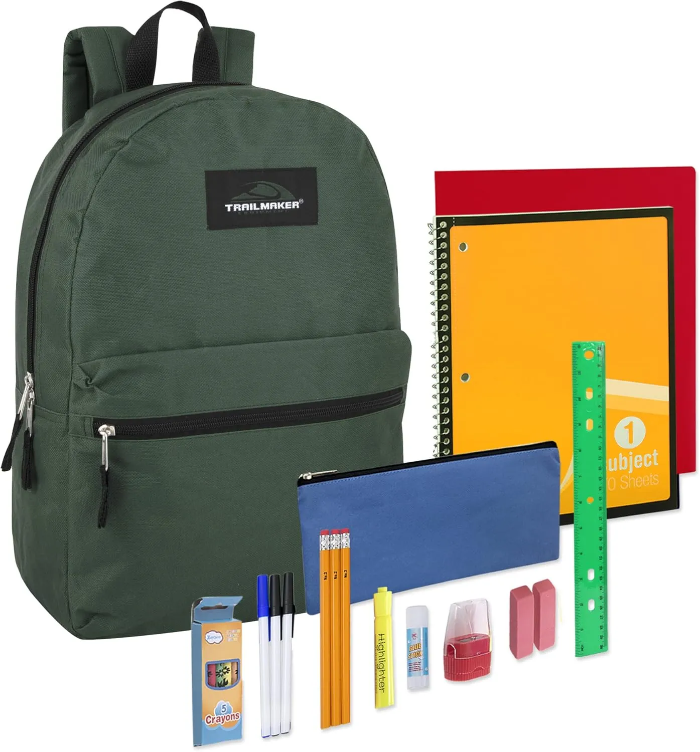 Trail maker Backpack with School Supplies for Kids - 20 Piece Back to School Supplies with 17" Backpack (Green Pack)