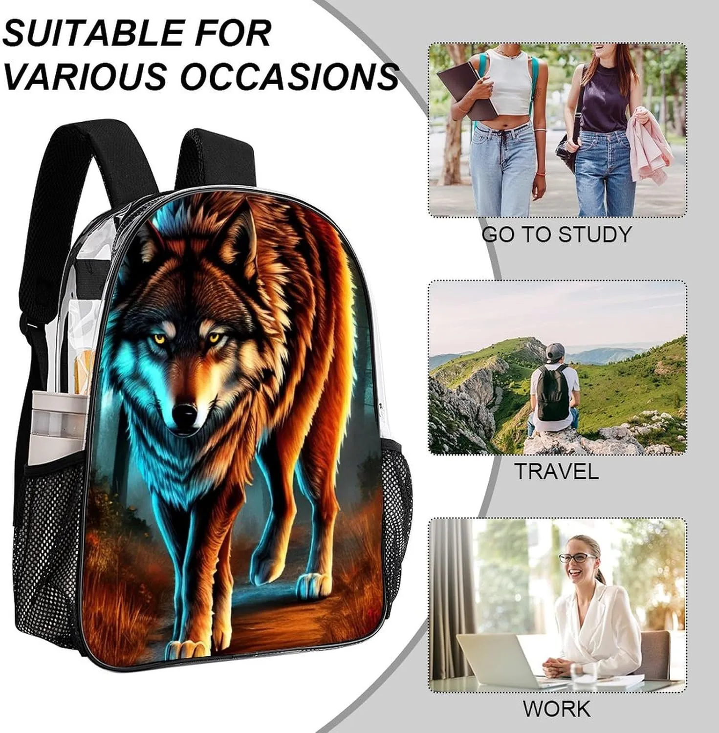 Transparent Daypack Bookbag for Gym Business Bicycle - Large Capacity Multipurpose Anti-Theft Carry On Bag, Wolf Glare Art Travel Hiking Daypack