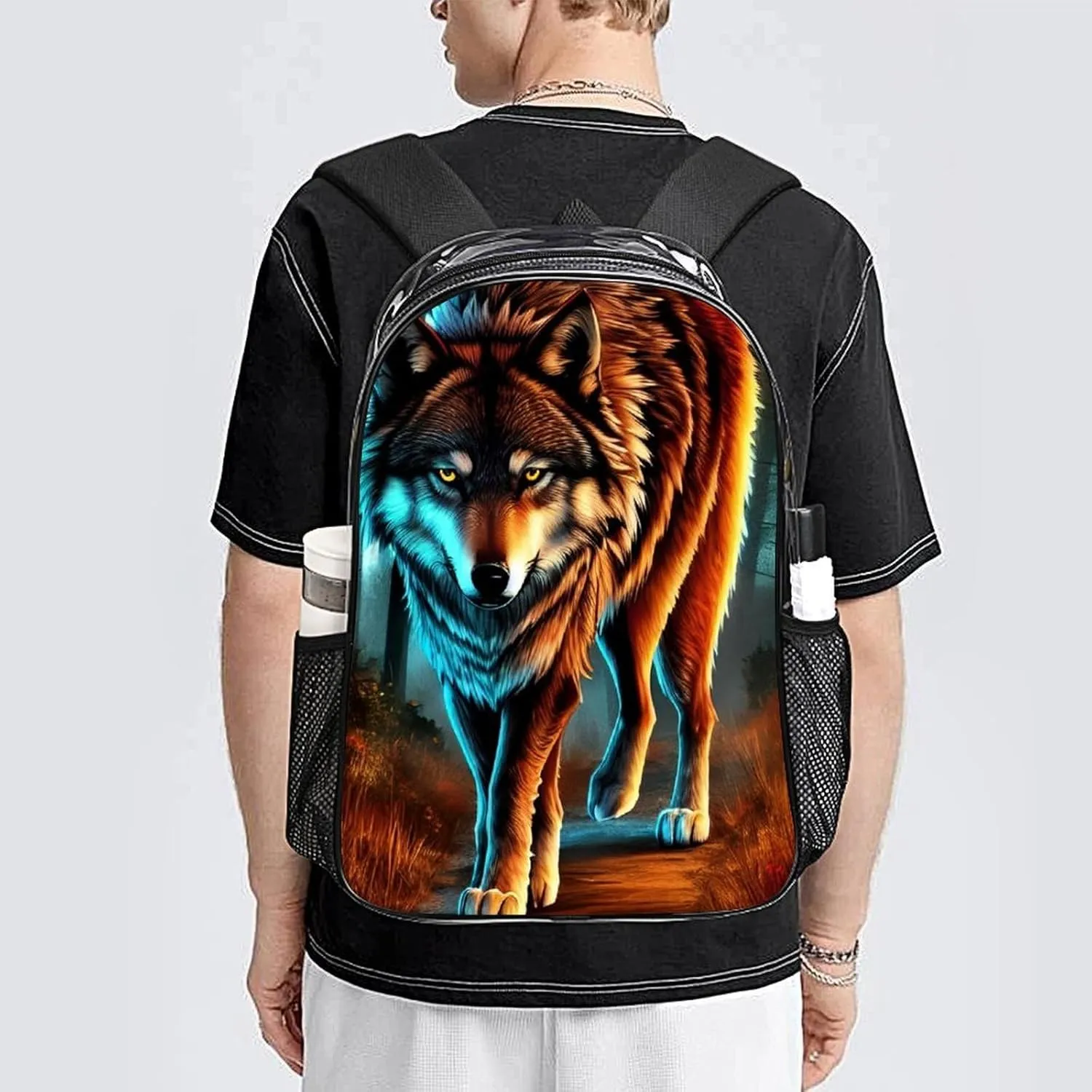 Transparent Daypack Bookbag for Gym Business Bicycle - Large Capacity Multipurpose Anti-Theft Carry On Bag, Wolf Glare Art Travel Hiking Daypack