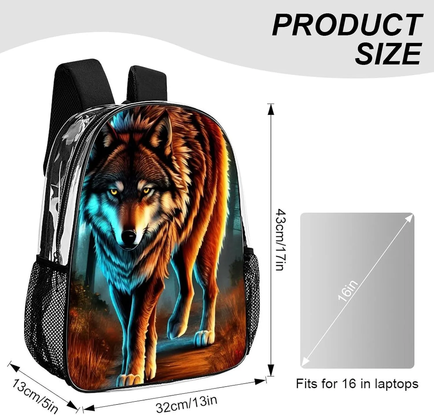 Transparent Daypack Bookbag for Gym Business Bicycle - Large Capacity Multipurpose Anti-Theft Carry On Bag, Wolf Glare Art Travel Hiking Daypack