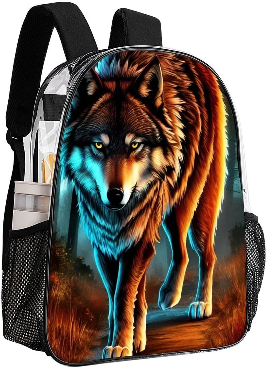 Transparent Daypack Bookbag for Gym Business Bicycle - Large Capacity Multipurpose Anti-Theft Carry On Bag, Wolf Glare Art Travel Hiking Daypack