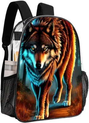 Transparent Daypack Bookbag for Gym Business Bicycle - Large Capacity Multipurpose Anti-Theft Carry On Bag, Wolf Glare Art Travel Hiking Daypack