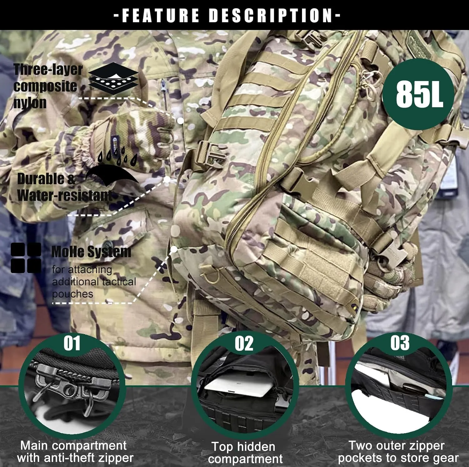 Travel Duffle Bag Backpack for Men - Large Tactical Bags Weekender Gym Bag for Overnight Traveling Military Workout Deployment Sports (Camo, 80L)