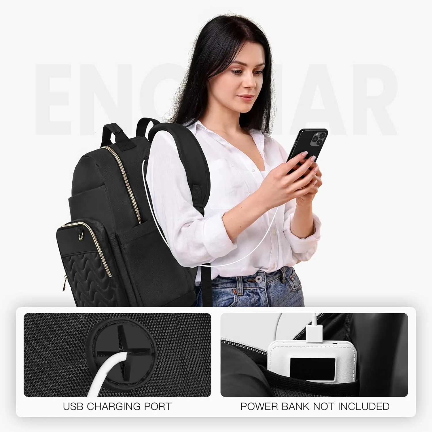 Travel Laptop Backpack for women, Work Backpack Woman with USB Charging Port, Water Resistant College Backpack, Stylish Quilted Girls Back Pack Casual Daypack for 15.6 Inch Laptop, Black