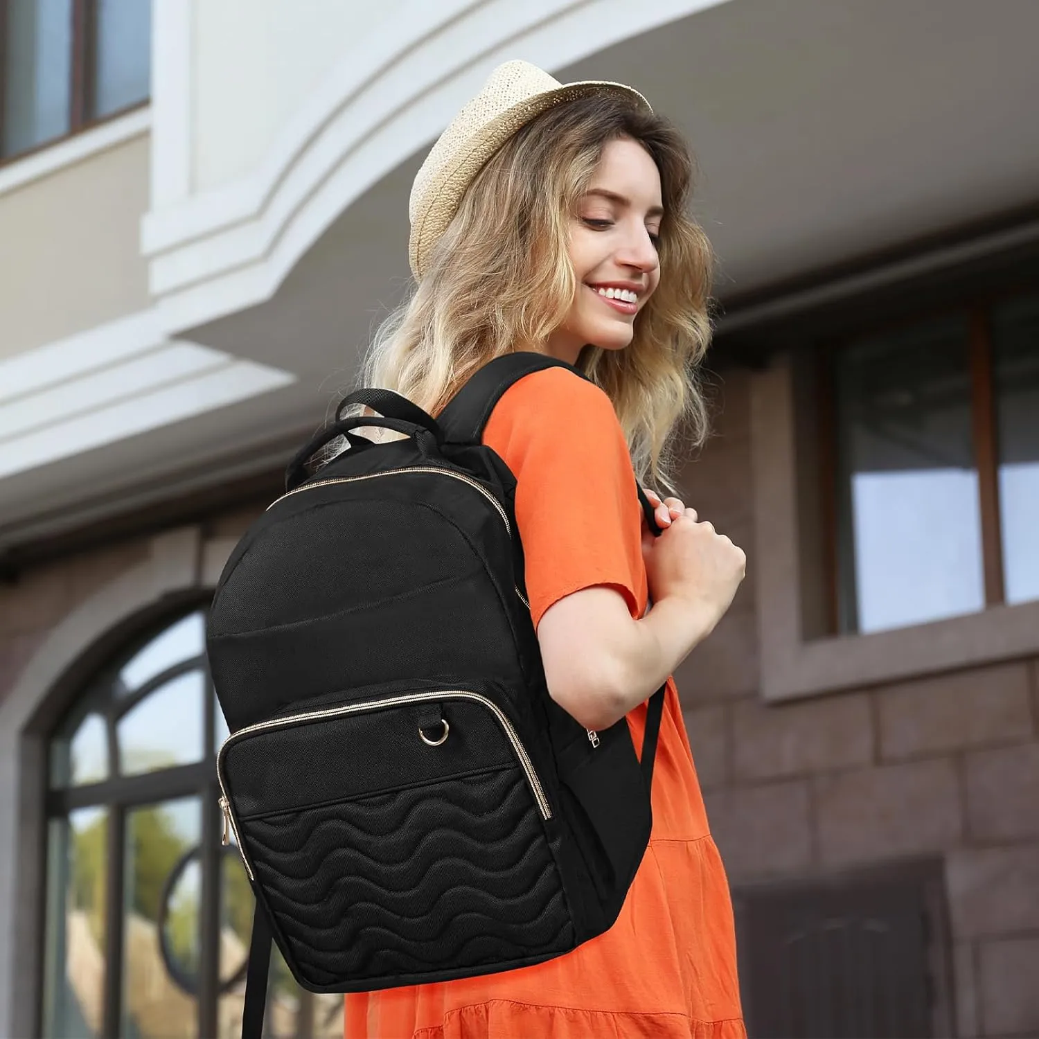Travel Laptop Backpack for women, Work Backpack Woman with USB Charging Port, Water Resistant College Backpack, Stylish Quilted Girls Back Pack Casual Daypack for 15.6 Inch Laptop, Black