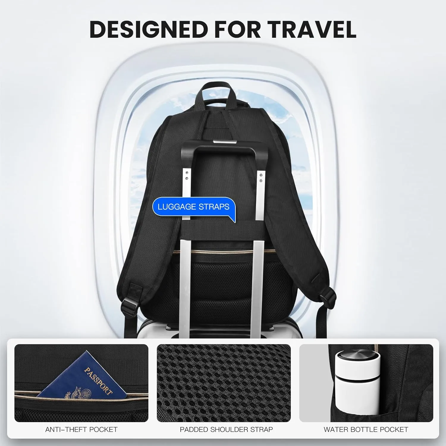 Travel Laptop Backpack for women, Work Backpack Woman with USB Charging Port, Water Resistant College Backpack, Stylish Quilted Girls Back Pack Casual Daypack for 15.6 Inch Laptop, Black