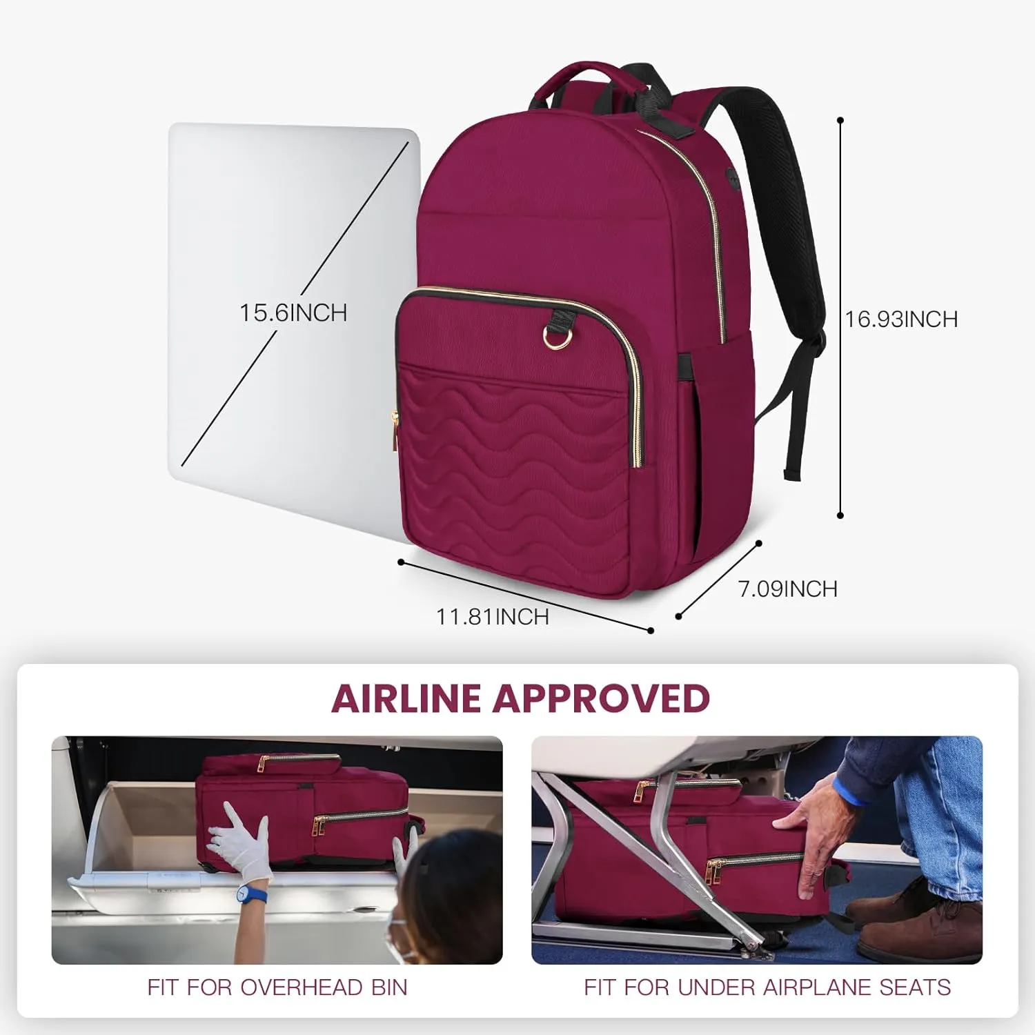 Travel Laptop Backpack for women, Work Backpack Woman with USB Charging Port, Water Resistant College Backpack, Stylish Quilted Girls Back Pack Casual Daypack for 15.6 Inch Laptop, Red