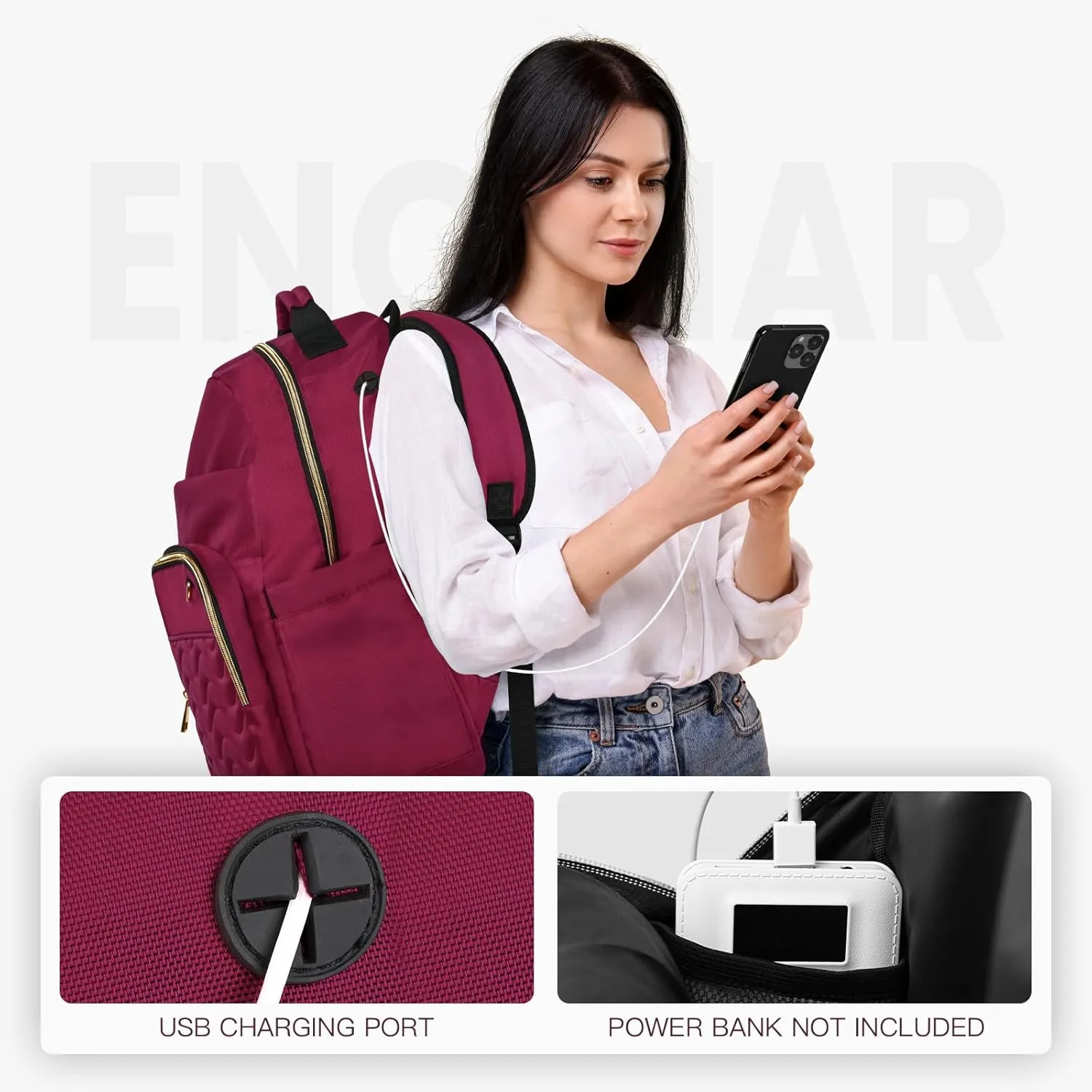 Travel Laptop Backpack for women, Work Backpack Woman with USB Charging Port, Water Resistant College Backpack, Stylish Quilted Girls Back Pack Casual Daypack for 15.6 Inch Laptop, Red