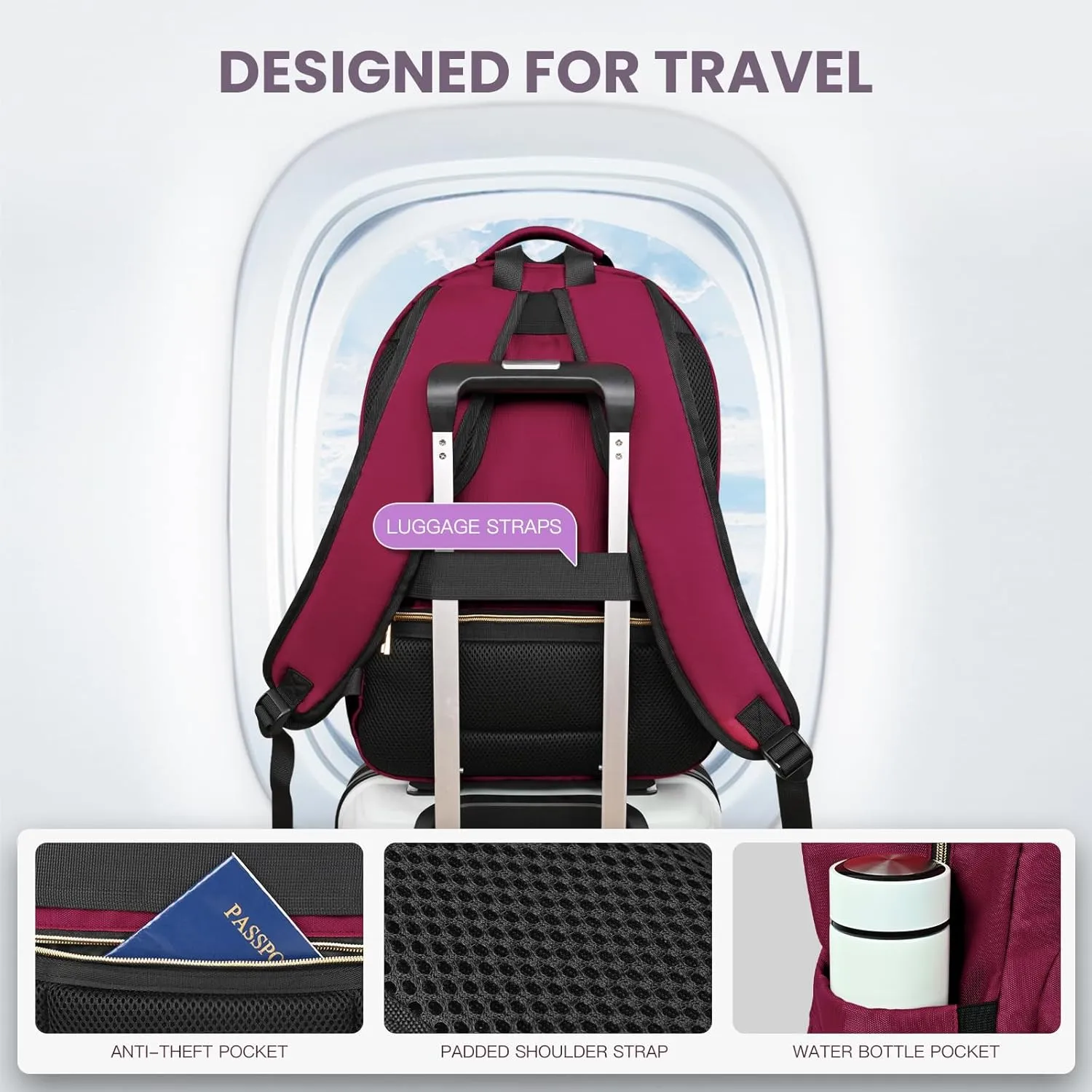 Travel Laptop Backpack for women, Work Backpack Woman with USB Charging Port, Water Resistant College Backpack, Stylish Quilted Girls Back Pack Casual Daypack for 15.6 Inch Laptop, Red