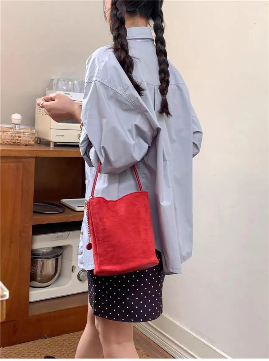 Trendy Suede Hobo Bags for Women Faux Suede Bucket Shoulder Bag Retro Slouchy Work Bag Top-handle Small Tote Handbag