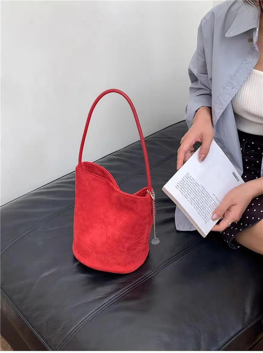 Trendy Suede Hobo Bags for Women Faux Suede Bucket Shoulder Bag Retro Slouchy Work Bag Top-handle Small Tote Handbag