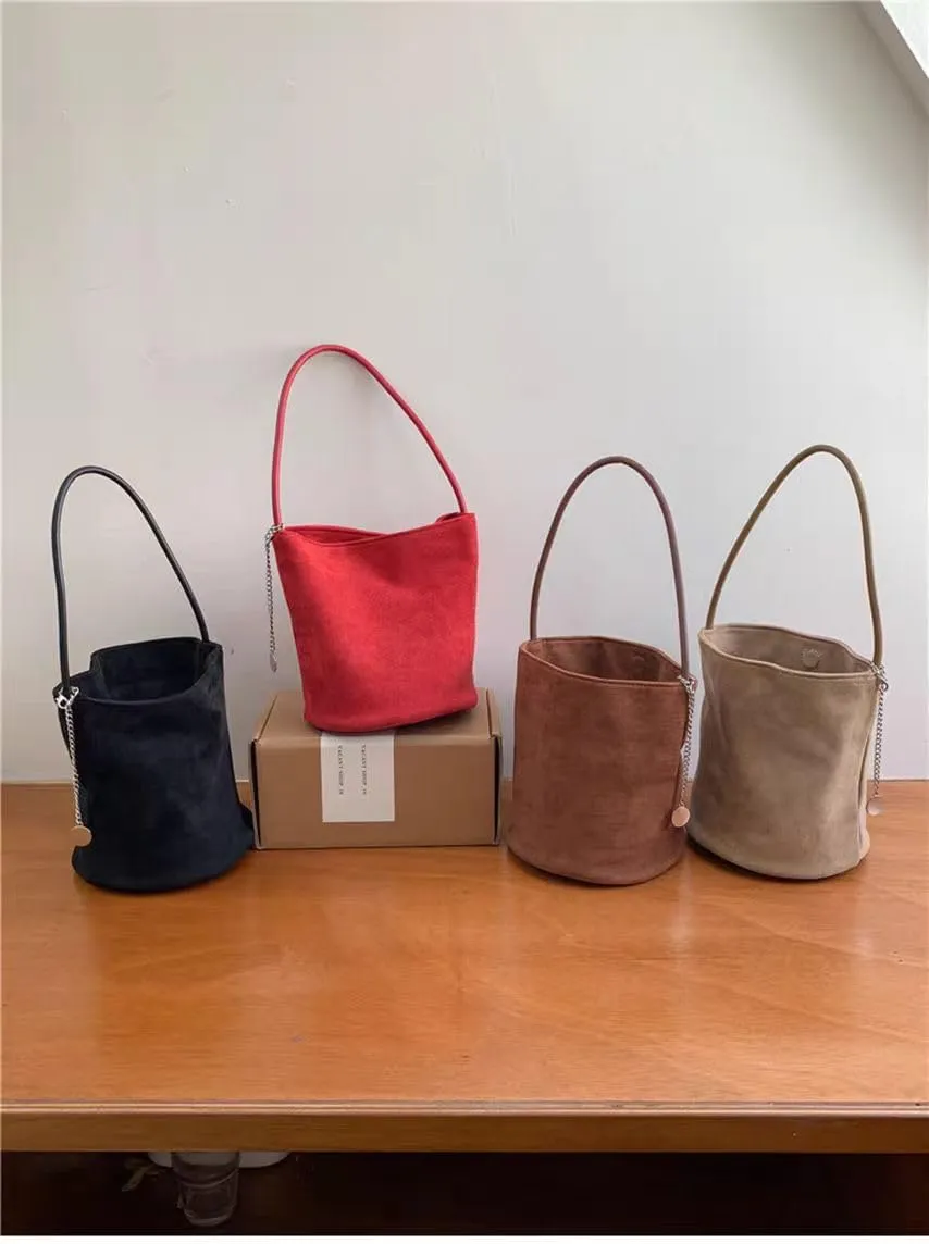 Trendy Suede Hobo Bags for Women Faux Suede Bucket Shoulder Bag Retro Slouchy Work Bag Top-handle Small Tote Handbag