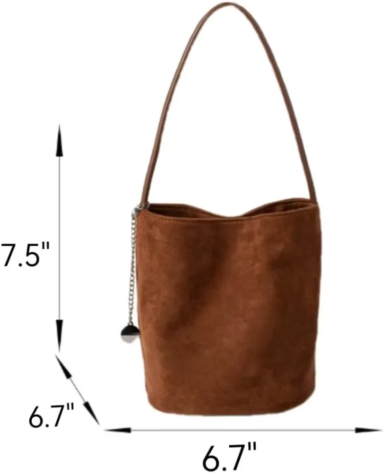 Trendy Suede Hobo Bags for Women Faux Suede Bucket Shoulder Bag Retro Slouchy Work Bag Top-handle Small Tote Handbag