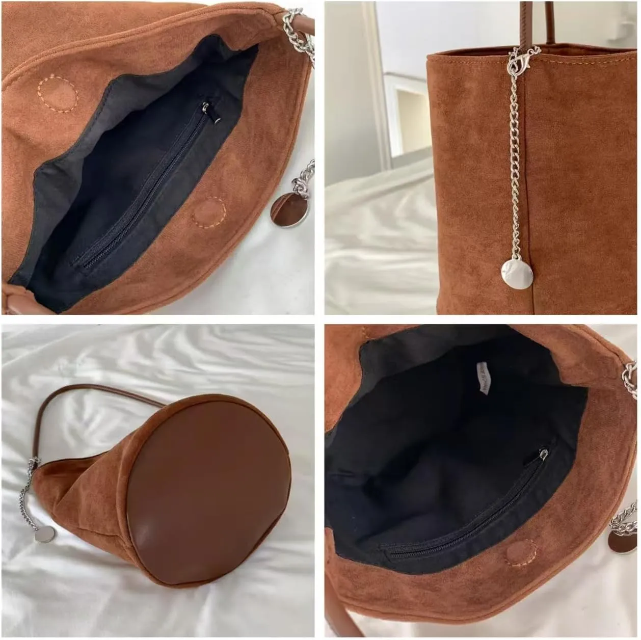 Trendy Suede Hobo Bags for Women Faux Suede Bucket Shoulder Bag Retro Slouchy Work Bag Top-handle Small Tote Handbag