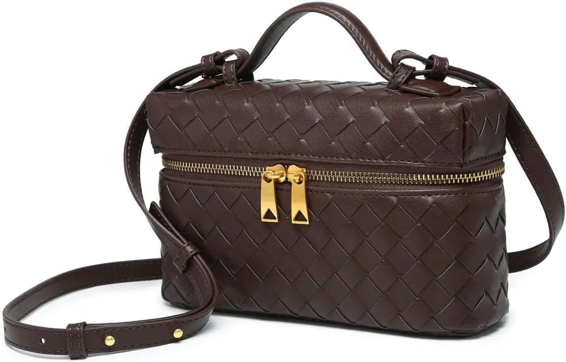 Trendy Woven Crossbody Purse Square Box Bags Women Shoulder Bag Cute Satchels Mini PU Leather Top-Handle Tote Handbag