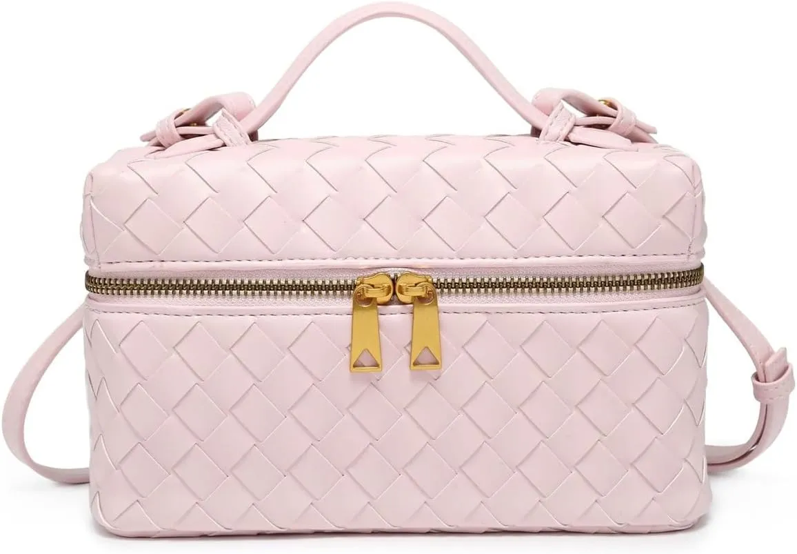 Trendy Woven Crossbody Purse Square Box Bags Women Shoulder Bag Cute Satchels Mini PU Leather Top-Handle Tote Handbag
