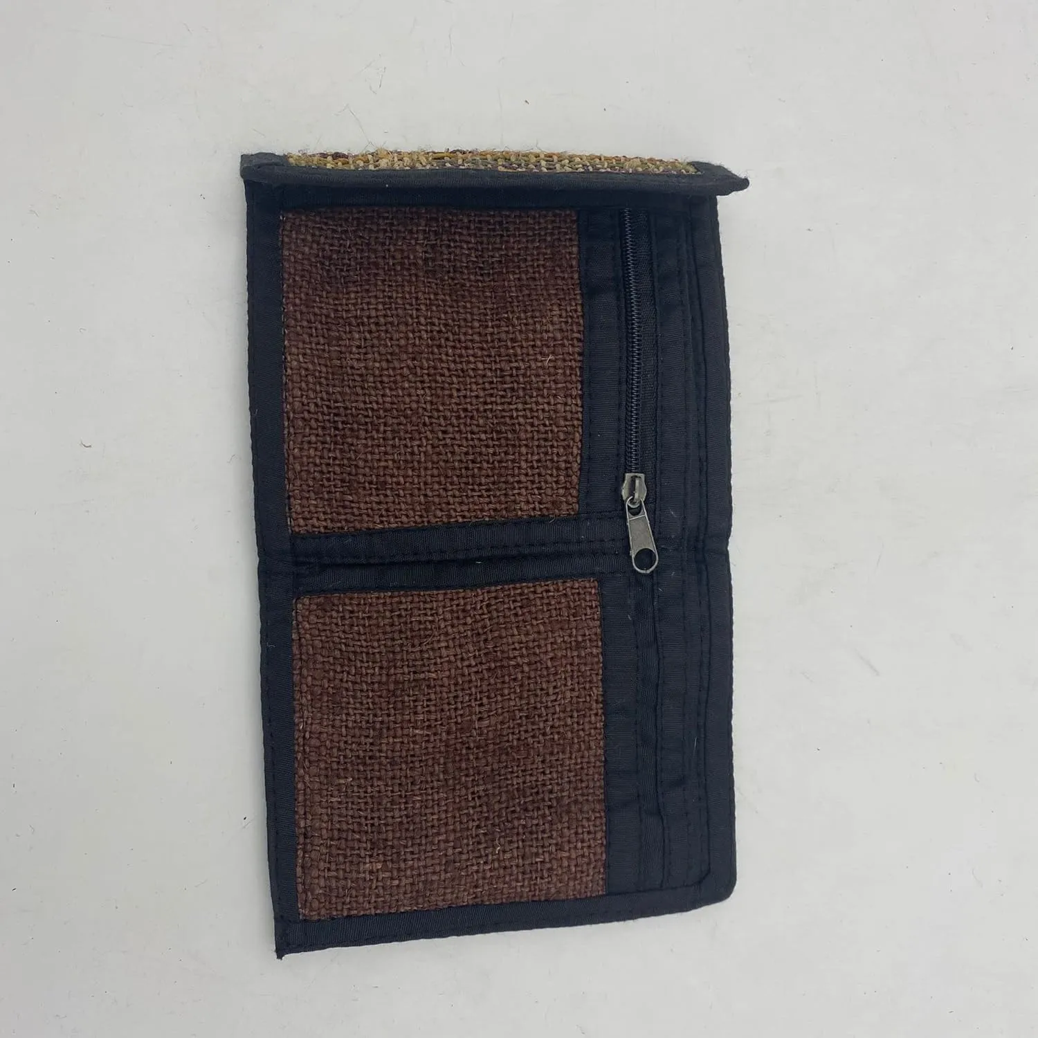 Tri-Fold Hemp Wallet - Organic Cotton Purse Coin Bag - Unisex Hippie Style Bohemian Embroidered Purse - 5 Compartments, Zipper Closure - Handmade in Nepal (Brown)