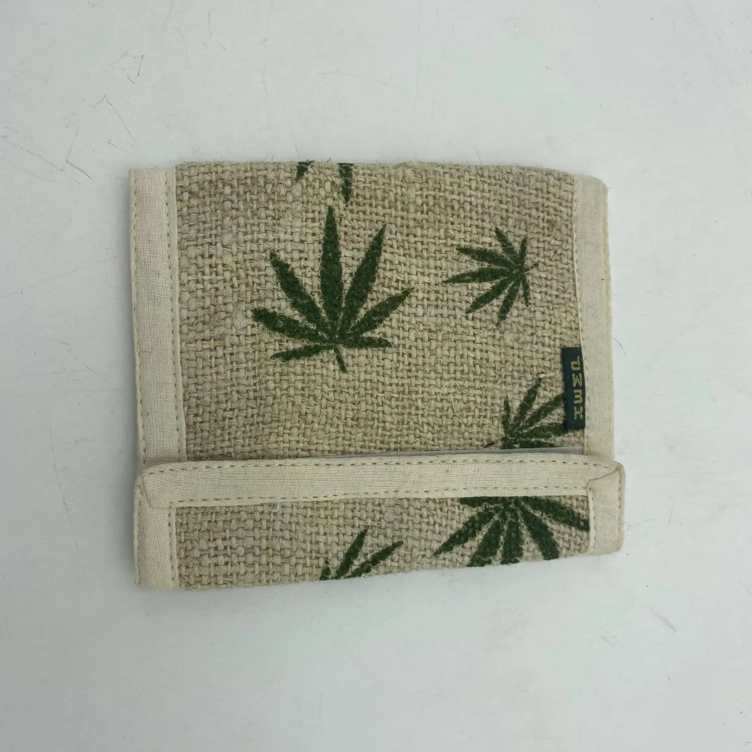 Tri-Fold Hemp Wallet - Organic Cotton Purse Coin Bag - Unisex Hippie Style Bohemian Embroidered Purse - 5 Compartments, Zipper Closure - Handmade in Nepal (Hemp Leaves)