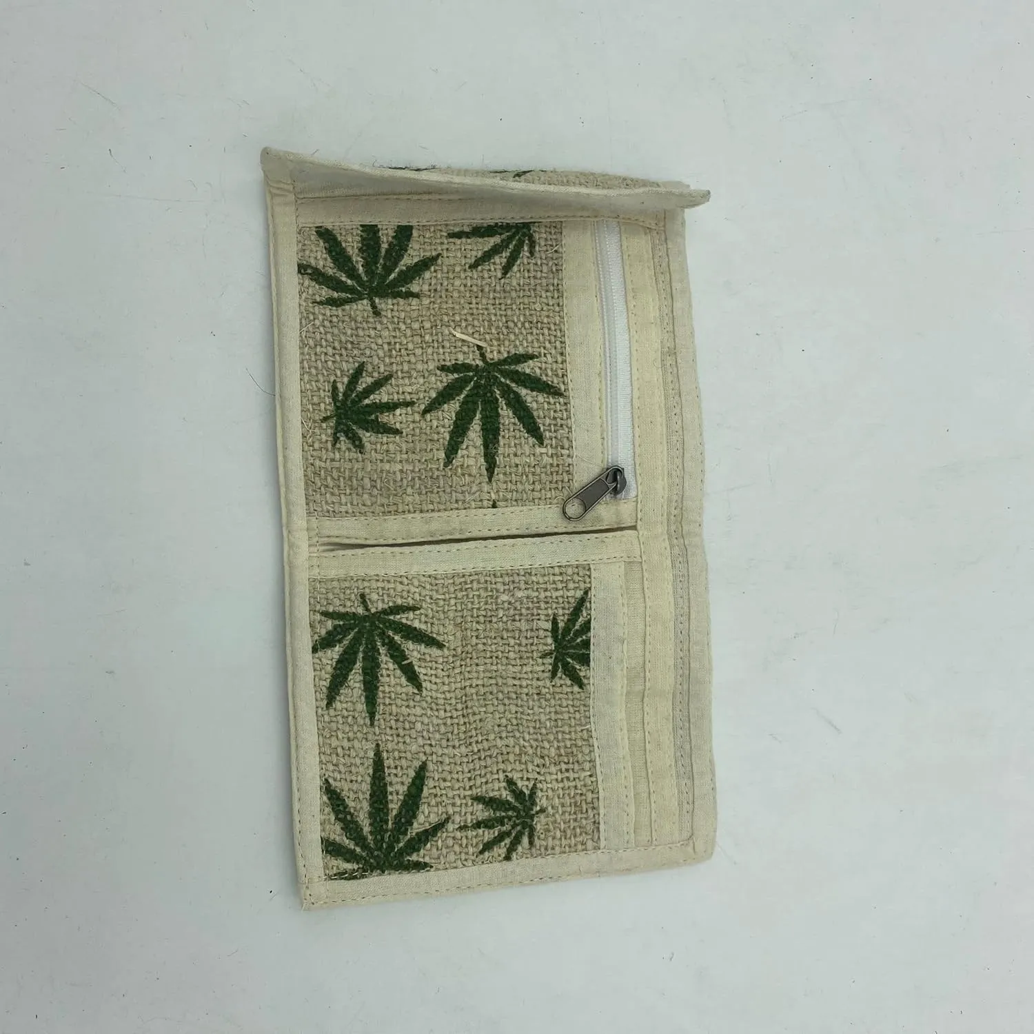 Tri-Fold Hemp Wallet - Organic Cotton Purse Coin Bag - Unisex Hippie Style Bohemian Embroidered Purse - 5 Compartments, Zipper Closure - Handmade in Nepal (Hemp Leaves)