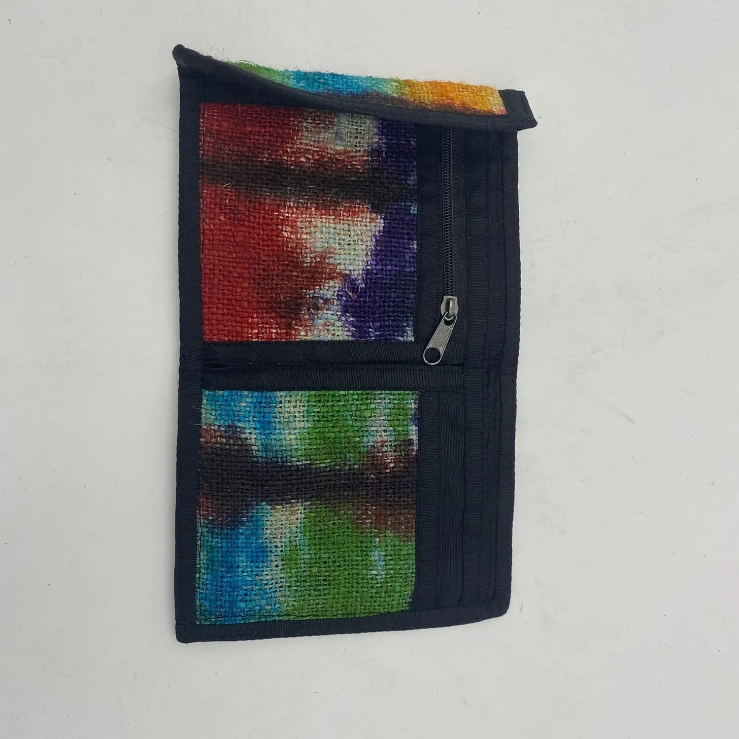 Tri-Fold Hemp Wallet - Organic Cotton Purse Coin Bag - Unisex Hippie Style Bohemian Embroidered Purse - 5 Compartments, Zipper Closure - Handmade in Nepal (Tie Dye)